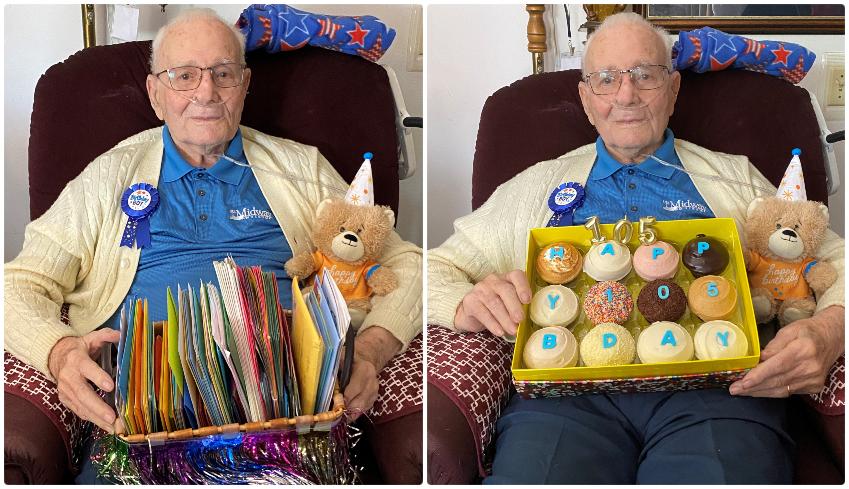 A collage of John sitting with a box of the cards he received, and a box with birthday cupcakes